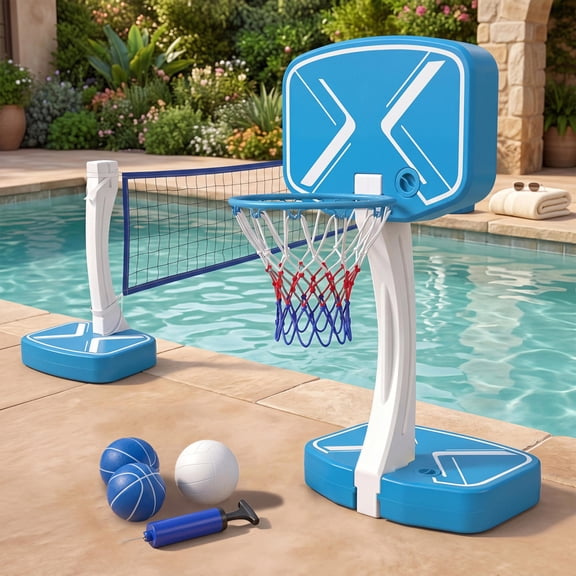 Pool Basketball Hoop, Pool Volleyball Set with Weighted Base for Swimming Pool, 2-in-1 Water Sports Game for Backyard Beach, Balls and Pump Included