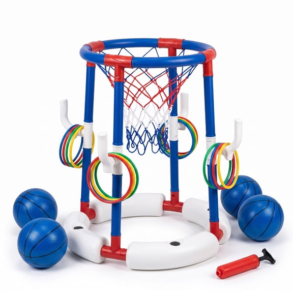 Pool Basketball Hoop Toys for Kids Ages 4-8 8-12 & Adult, Summer Outdoor Swimming Pool Games Water Play Toys Family Party for Kids, 2 in 1 Pool Basketball Hoop & Ring Game with 4 Balls 12 Rings & Pum