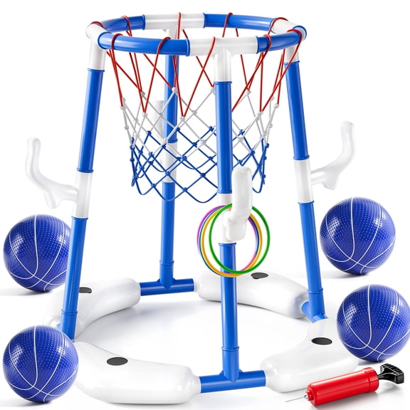 Pool Basketball Hoop Toys for Kids Ages 4-8 8-12 & Adult, Summer Outdoor Swimming Pool Games Water Play Toys Family Party for Kids, 2 in 1 Pool Basketball Hoop & Ring Game with 4 Balls 12 Rings & Pum