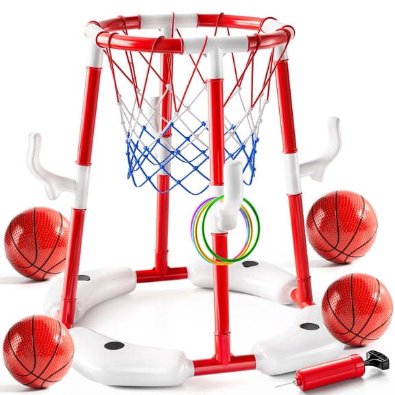 Pool Basketball Hoop Toys for Kids Ages 4-8 8-12 & Adult, Summer Outdoor Swimming Pool Games Water Play Toys Family Party for Kids, 2 in 1 Pool Basketball Hoop & Ring Game with 4 Balls 12 Rings & Pum