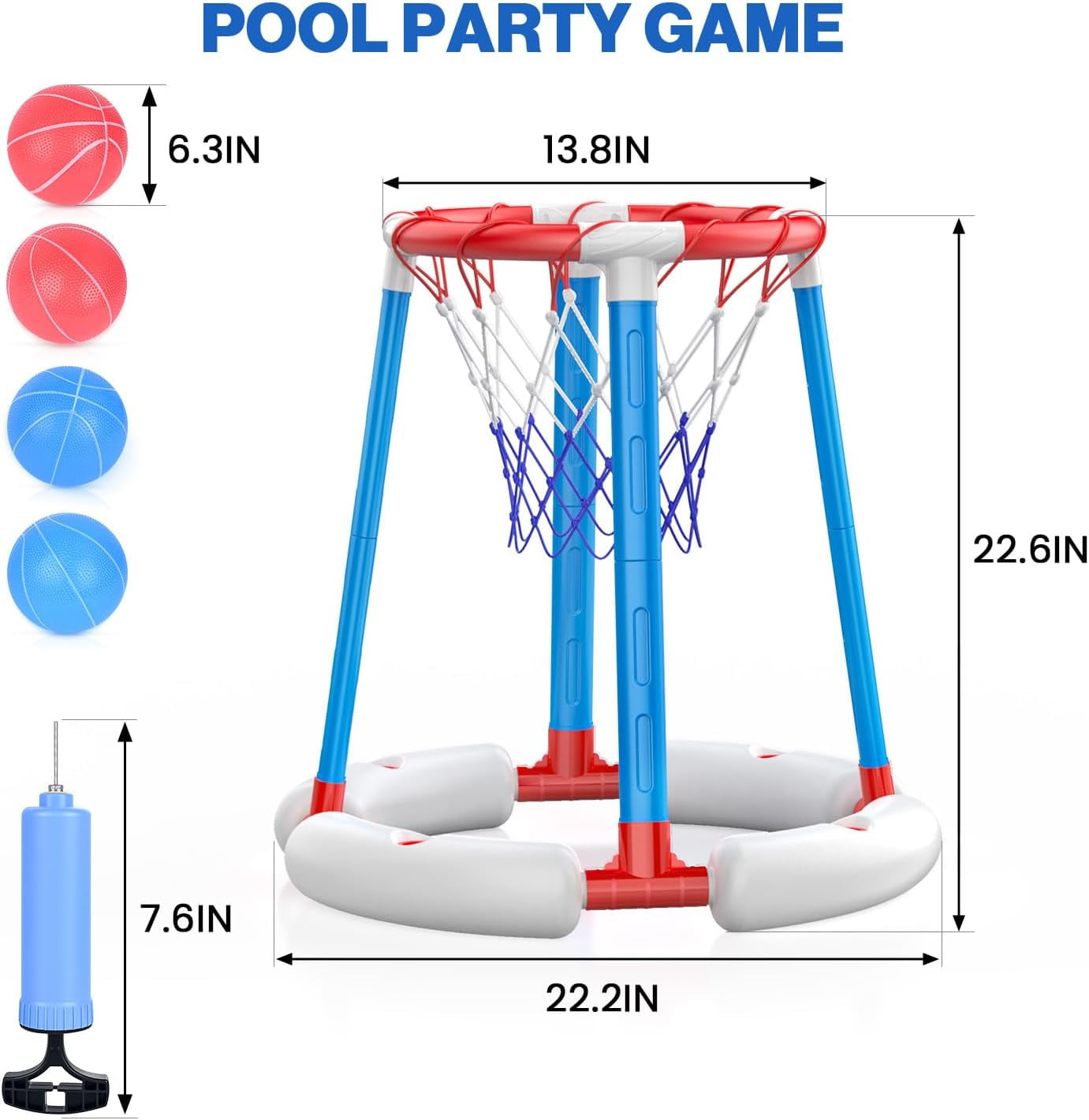 Pool Basketball Hoop with Backboard, Floating Pool Toy with 4 Balls and ...