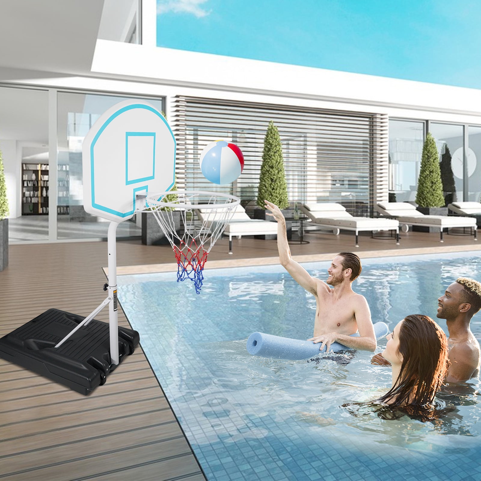 Pool Basketball Stand, Portable Basketball Goal for Pool with Wheels, Kids Junior Adults Basketball Stand Water Game, Poolside Mini Hoop Adjustable Height 2.9-3.9ft, Max 7# Ball, Black