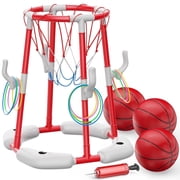 JoyStone 2-in-1 Floating Pool Basketball Hoops & Pool Ring Toss Game, Pool Basketball Toys with 3 Balls & 12 Rings, Inflatable Swimming Pool Toys for Toddlers, Red