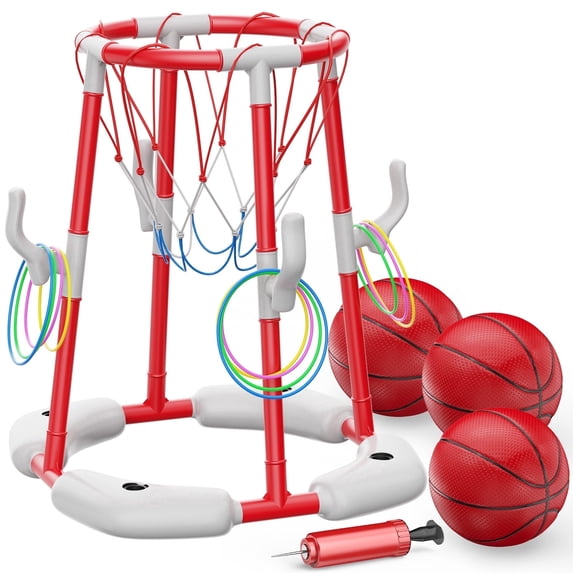 JoyStone 2-in-1 Floating Pool Basketball Hoops & Pool Ring Toss Game, Pool Basketball Toys with 3 Balls & 12 Rings, Inflatable Swimming Pool Toys for Toddlers, Red