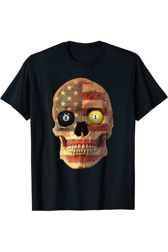 Pool Billiards Skull American Flag Stars Stripes Cue Ball Pool Table T-Shirt