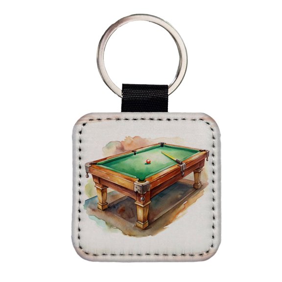 Pool Billiards Table Watercolor Faux Leather Square Keychain