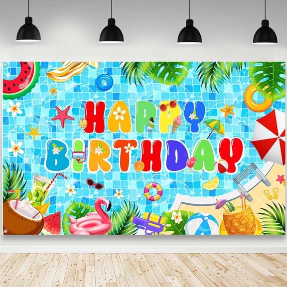 Pool Birthday Backdrop Splish Splash Summer Happy Birthday Background Flamingo Palm Leaves Pool Party Birthday Party Decorations Banner Photo Booth Props