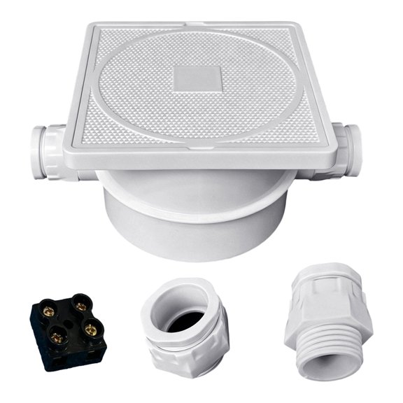 Pool Cable Connection Housing for Swimming Pool and Spa Equipment, ABS Junction Box with Side Entry Ports, Covered Layout, and Installation Size Guide
