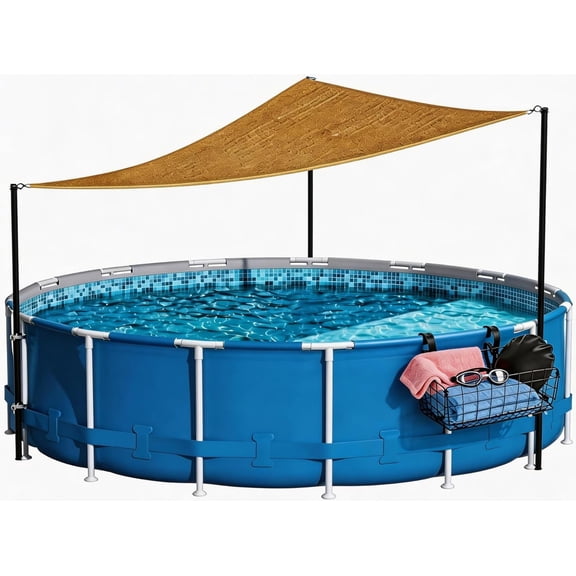 Pool Canopy Shade Set for Above Ground with Metal Storage Basket, UV-Resistant Sun Shade Patio Shade with Wind Ropes Stakes, Fit for 11-16Ft Pools (10x10x10 Ft)