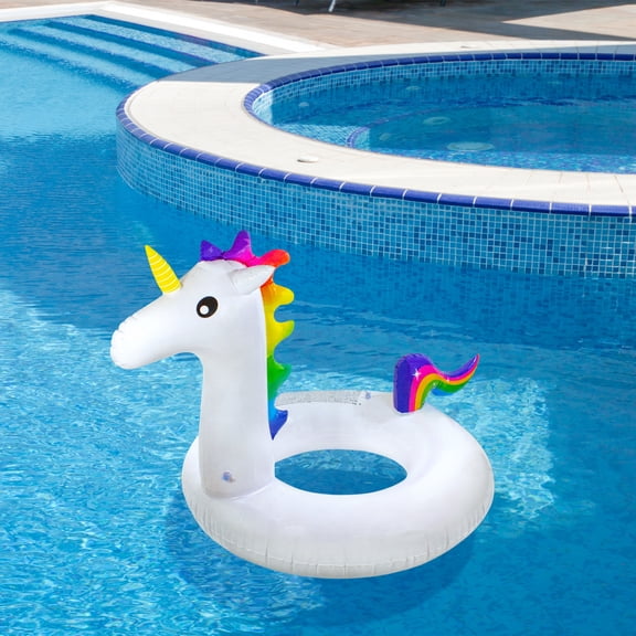 Pool Central 58" Giant Inflatable 1-Person Rainbow Unicorn Pool Ring Float - White/Blue