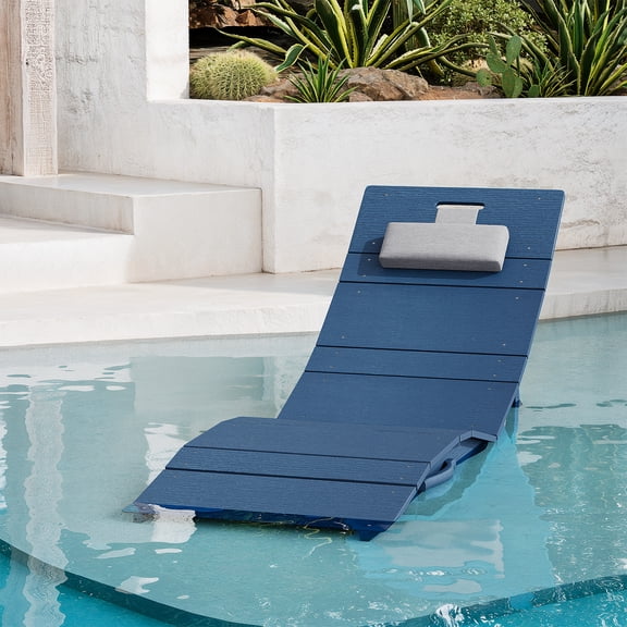 Pool Chaise Lounge Chair, Folding Outdoor Patio Beach Lounger Recliner Chair, in-Pool Use Tanning Chairs with Headrest for All Weather, Dark Blue
