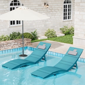 Pool Chaise Lounge Chair Set of 2, Folding Outdoor Patio Beach Lounger Recliner Chair, in-Pool Use Tanning Chairs with Headrest for All Weather, Lake Blue