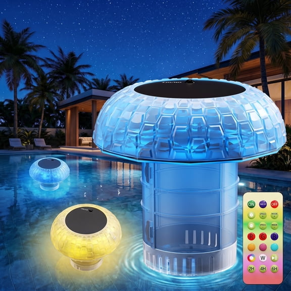 MQJIAZHI Pool Chlorine Floater Solar Powered, RGB Color Changing Pool Chemical Dispenser with Remote, IP68 Waterproof Floating Pool Light for Party Deco