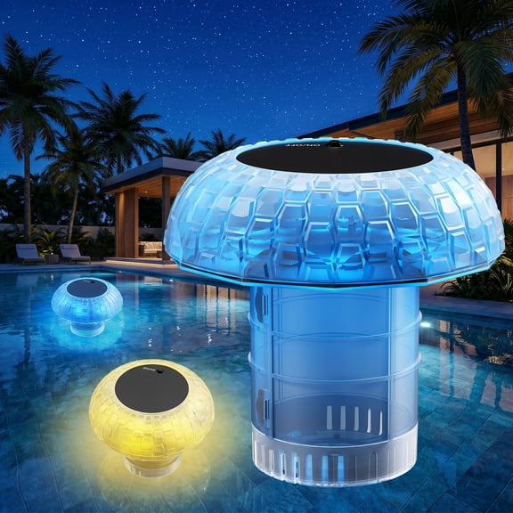 MQJIAZHI Pool Chlorine Floater Solar Powered, RGB Color Changing Pool Chemical Dispenser with Remote, IP68 Waterproof Floating Pool Light for Party Deco