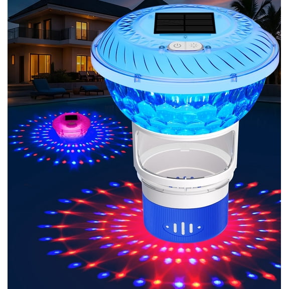 Pool Chlorine Floater with Colorful Solar Lights, Button Control Floating Pool Chlorine Dispenser, Adjustable Chlorine Floater with Large Capacity