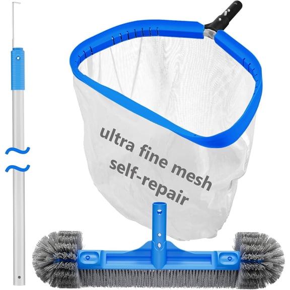 Pool Cleaning Kit Full Set - 17.5'' Self-Repair Pool Nylon Net Ultra Fine Mesh & 17.5'' Detachable Round End Pool Brush & 10 Ft Pool Pole with Hook, for Above Ground In-ground Pools, Spas
