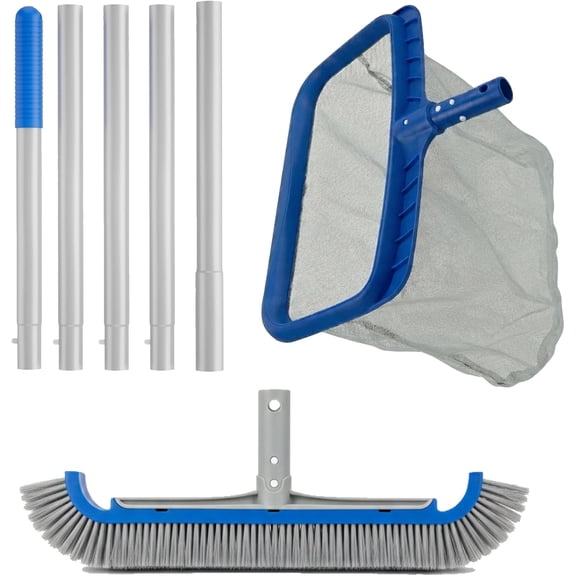 Pool Cleaning Kit Including Deep Leaf Rake Net, 17.3" Professional Wall Brush & 5-Section Aluminum Pole (79"), Swimming Pool Maintenance Set for Above Ground & In-ground Pools