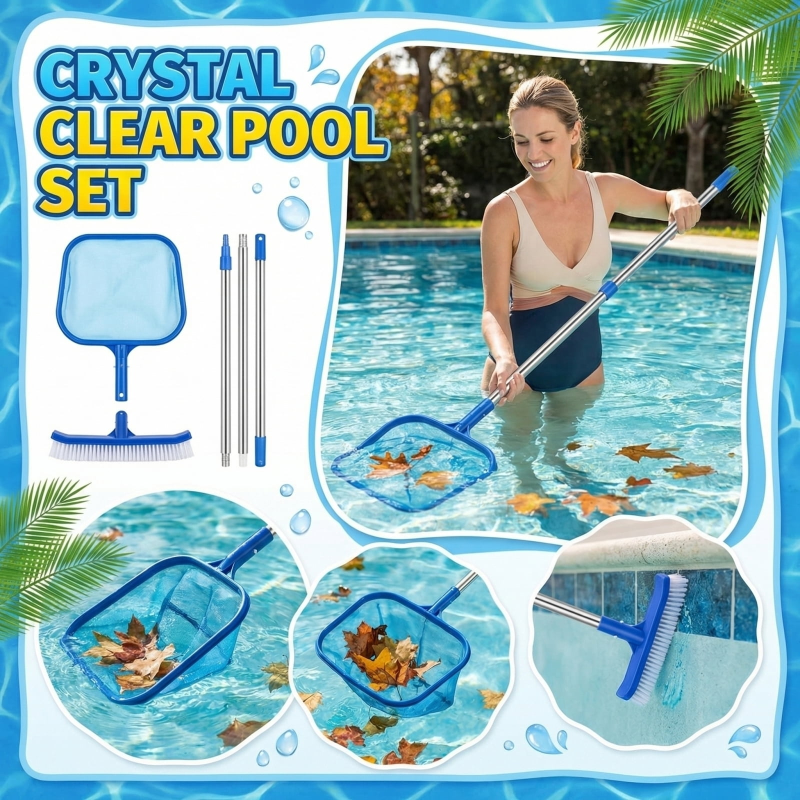 Pool Cleaning Kit with Net, Brush & 3-Section Telescopic Pole - Includes Skimmer, Scrubber Head & Extendable Tubing for Inground/Above Ground Pools, Spas, Hot Tubs, Fountains