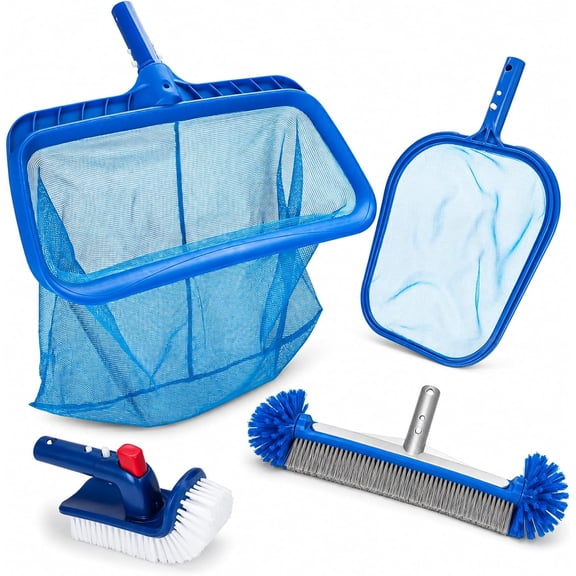 Pool Cleaning Kit Professional Heavy Duty Leaf Skimmer Net, Deep Bag Rake & Wall Scrubber Brush, 4-Piece Pool Cleaning Equipment Set for Above Ground & Inground Pools (Pole Not Included)