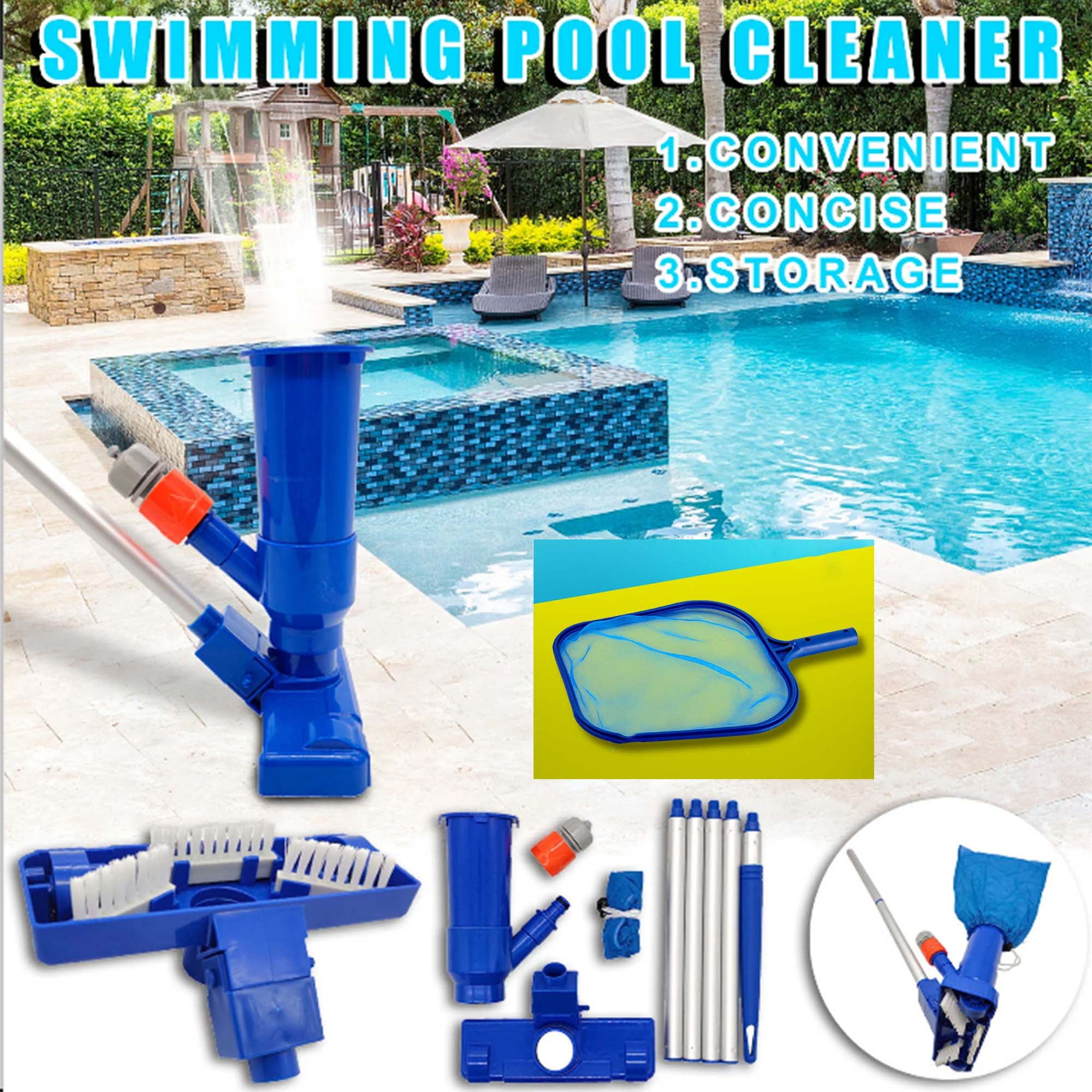 Pool Cleaning Set Kit, Pool Vacuum Jet Cleaner Poor Brush Chlorine Dispenser Pool Skimmer Net