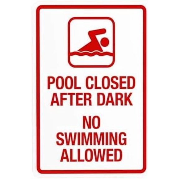 Pool Closed After Dark Metal Sign, Pool Rules Security Warning Plaque for Road Yard Garage Street, Evening Pool Access Ban Sign, 8x12 Inch