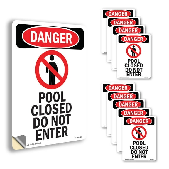 Pool Closed Do Not Enter OSHA Danger Vinyl Decal Label 7 Inch x 5 Inch - 10 Pack