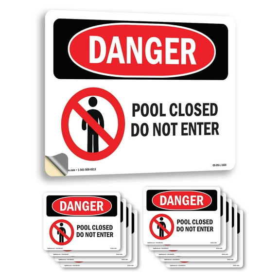 Pool Closed Do Not Enter OSHA Danger Vinyl Decal Label 7 Inch x 5 Inch - 10 Pack