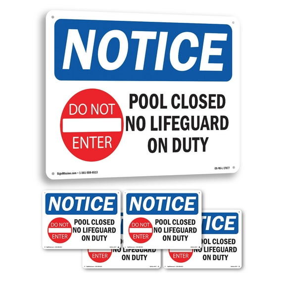 Pool Closed No Lifeguard On Duty OSHA Notice Rigid Plastic Sign 10 Inch x 7 Inch - 5 Pack