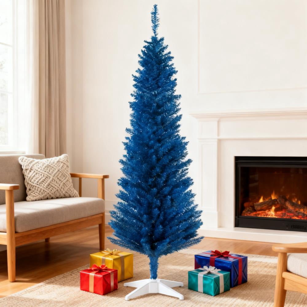 5ft Unlit Blue Pencil Christmas Tree 294 Tips Easy Assembly Plastic Base Small Space Holiday Decor