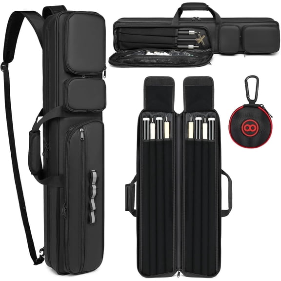 Pool Cue Case - 4x4 Padded Pool Cue Bag - Holds 4 Butts and 4 Shafts, Multiple Accessory Pockets