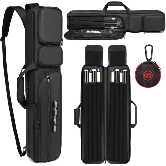Pool Cue Case - 4x4 Padded Pool Cue Bag - Holds 4 Butts and 4 Shafts, Multiple Accessory Pockets