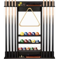 Pool Cue Rack, Bamboo Wall Mount Pool Sticks Holder, Holds 8 Cues and Full Set of Balls, Pool Table Accessories Organizer for Billiard Room or Club - Dark Brown