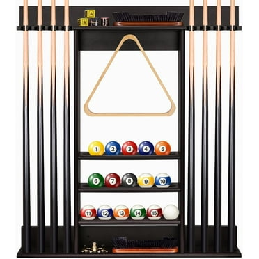 Pool Cue Rack, Bamboo Wall Mount Pool Sticks Holder, Holds 8 Cues and Full Set of Balls, Pool Table Accessories Organizer for Billiard Room or Club - Dark Brown