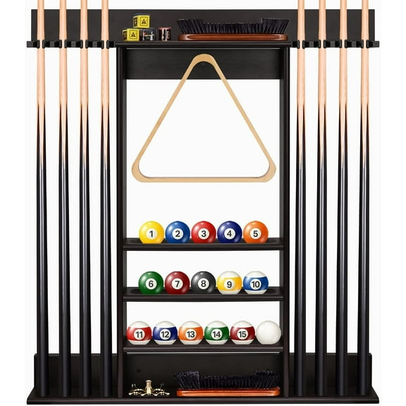 Pool Cue Rack, Bamboo Wall Mount Pool Sticks Holder, Holds 8 Cues and Full Set of Balls, Pool Table Accessories Organizer for Billiard Room or Club - Dark Brown