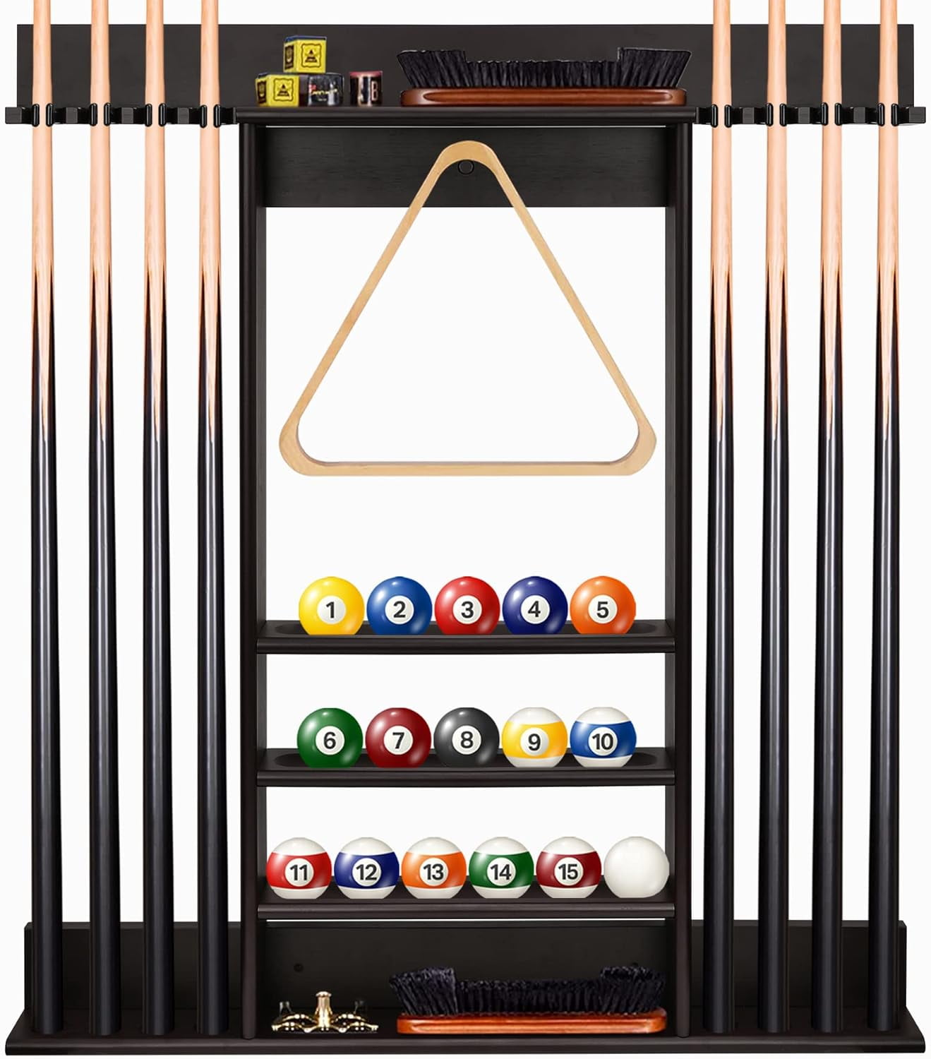 Pool Cue Rack, Bamboo Wall Mount Pool Sticks Holder, Holds 8 Cues and Full Set of Balls, Pool