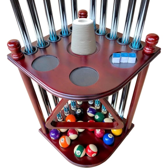 Pool Cue Rack Floor Stand for Cue Stick at Any Size A Full Set Of Balls Billiard Table Accessories Corner Pool Stick Holder Large Size for 10 Cues Made of Solid Hardwood
