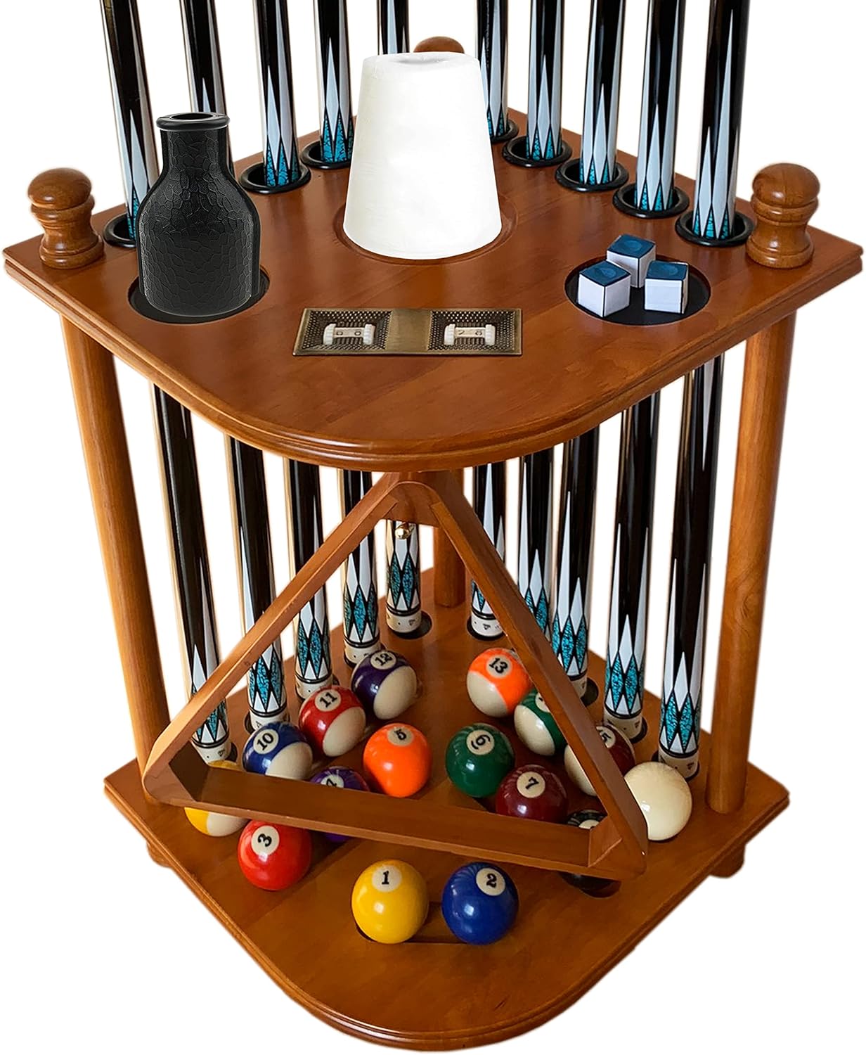 Solid Wood Pool Cue Rack - 10-Stick Floor Stand With Ball Holder (Mahogany)