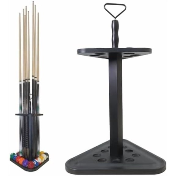 Pool Cue Rack Floor Stand | Wood Billiard Stick Holder & Game Room Organizer | Holds 9 Cues, Full Ball Set & Accessories | Classic Triangle Design for Stability & Style | Easy Assembly