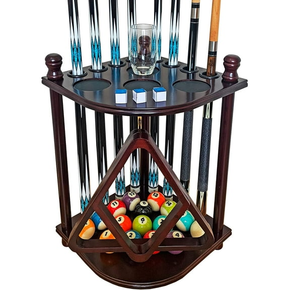Pool Cue Rack Hold up to 8 Sticks & Billiard Accessories. Floor Stand Pool Cue Stick Holder Made of 100% Solid Hardwood.(Traditional Mahogany)