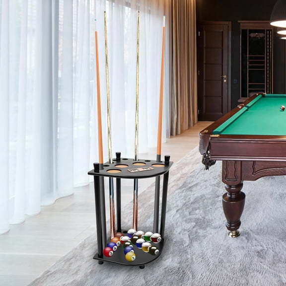 Pool Cue Rack Solid Wood Floor Stand Holds 8 Billiard Sticks with Cup Holders for Game Room Club Black