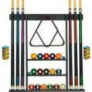 Pool Cue Rack - Pool Stick Holder Wall Mount with 16 Ball Holders & 6 Pack of Chalk - Rubber Circle Pads & Large Clips Prevent Damage - Billiard Table Accessories for Man Cave (Black)