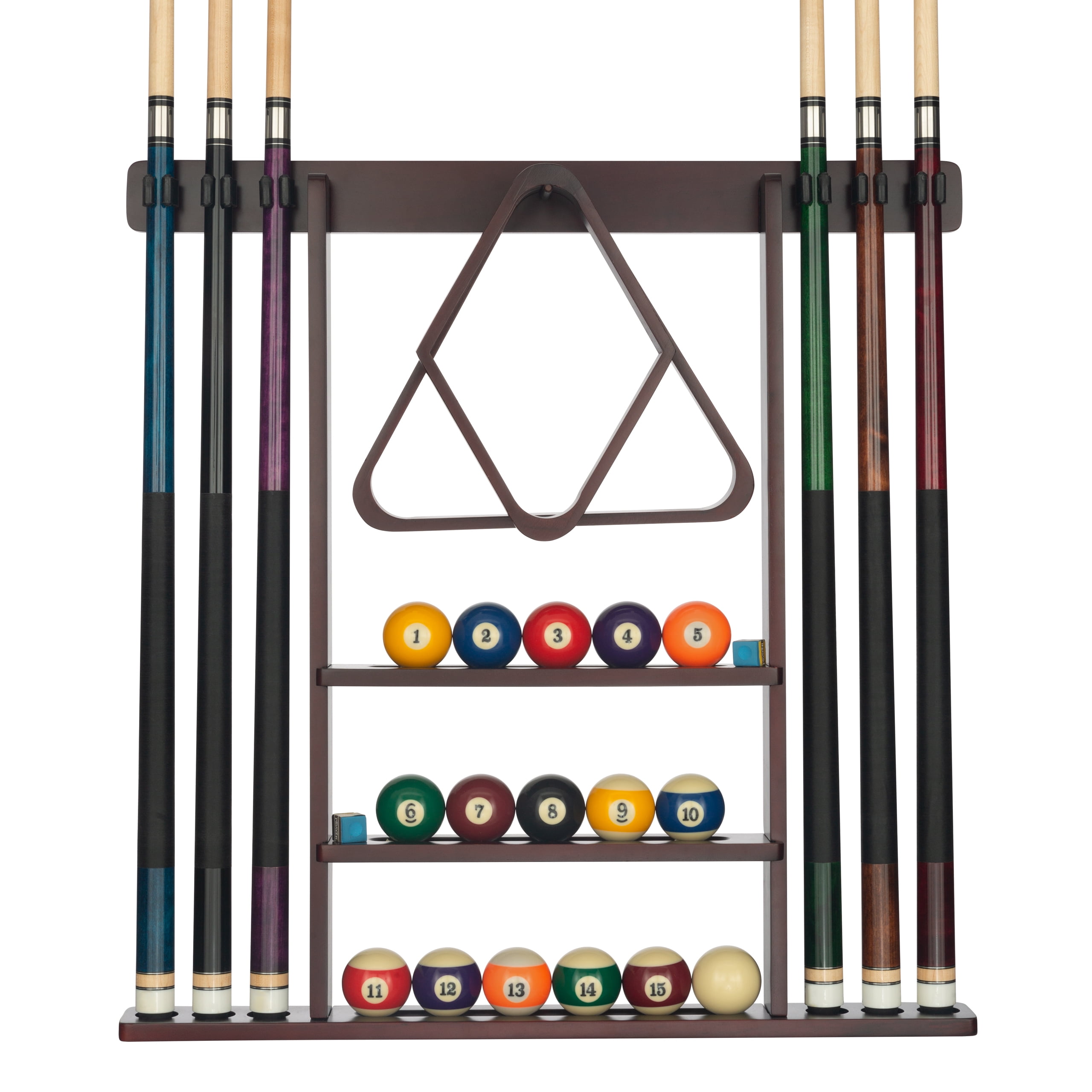 Pool Cue Rack Pool Stick Holder Wall Mount With 16 Ball Holders 6 Pack Of Chalk Rubber Circle Pads Large Clips Prevent Damage Compact