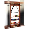 thumbnail image 1 of Pool Cue Rack, Wall Mounted Billiard Stick Holder, Made of Solid Pine Wood, Holds 8 Cues & Full Ball Set & 1 Ball Rack, Compact Billiards Accessories for Club, Bar (Brown), 1 of 10