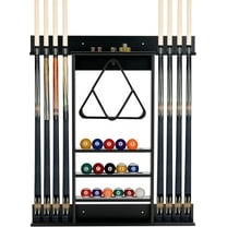 Pool Cue Rack, Wall Mounted Billiard Stick Holder, Made of Solid Pine Wood, Holds 8 Cues & Full Ball Set & 1 Ball Rack, Compact Billiards Accessories for Club, Bar (Black)