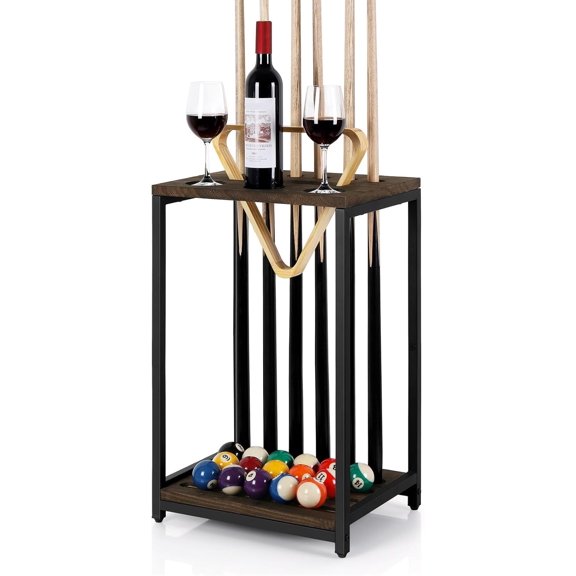 Pool Cue Rack Wood Billiard Stick Holder Pool Table Accessories for Billiard Room Game Room Club Holds 6 Cues, Floor Stand, Deep Brown