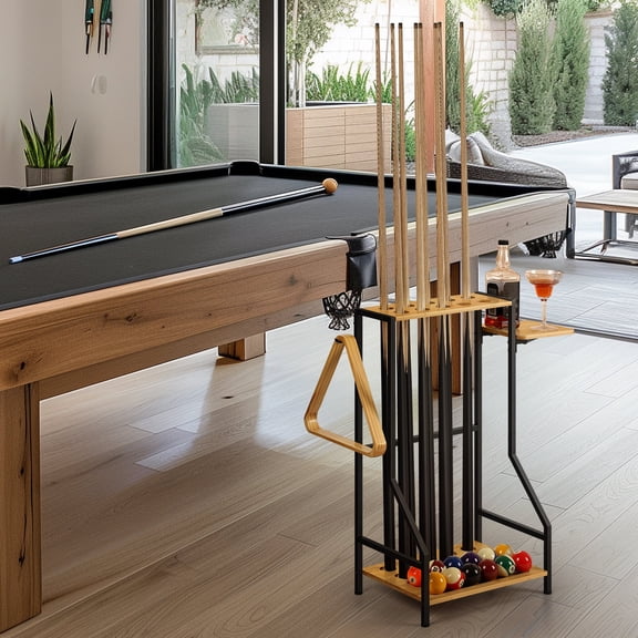Pool Cue Stand Holder for up to 10 Cues - Natural Bamboo & Metal Floor Rack with Triangle & Accessory Storage