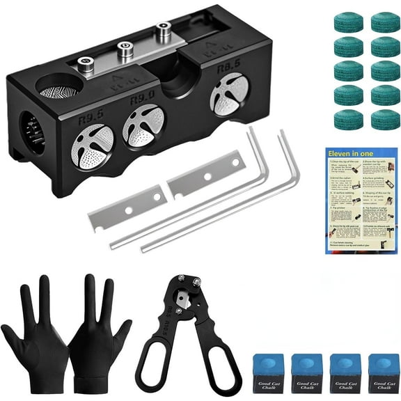 Pool Cue Tips Replacement Kit,11-in-1 Pool Cue Tip Shaper,Pool Stick Tips Replacement Kit,Pool Cue Repair Tip for Billiards Enthusiastsm