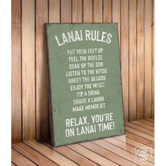 Pool Decor Lanai Rules Wall Art Outdoor Patio Retro Seagrass Green Art Vintage Pool House Decoration Durable Weatherproof Gift, Unframed Paper Print