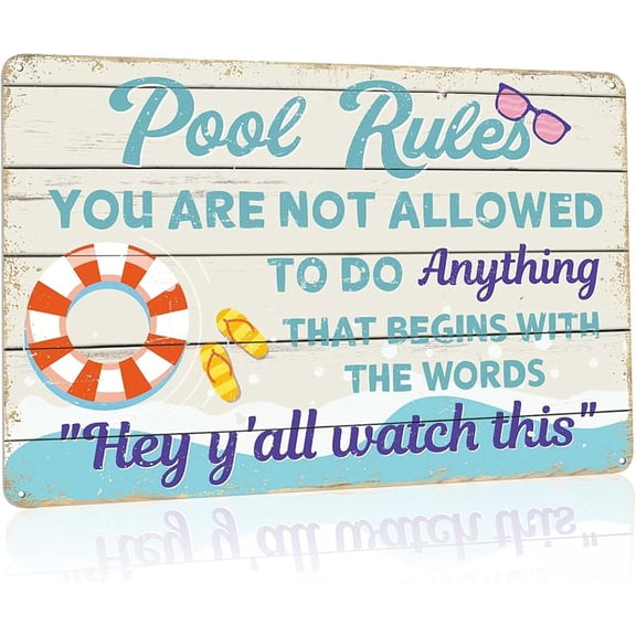 Pool Decor Sign, Pool Decorations Outdoor, Perfect for Beach, Home, Bar, Pool Deck, and Backyard Walls, Metal Sign Dimensions are 12x8 Inch, 4 Holes for Easy Hanging - Pool Rules