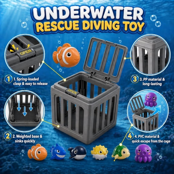 Pool Diving Game Set, 6PCS Underwater Swim Training Accessories with Rescue Cages & Sea Animal Figures, Summer Water Sports Equipment